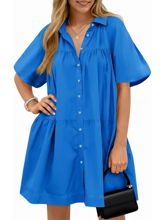 Dresses & Skirts - Women's Summer Button Down Blue2 Shirt Dress Floral Puff Short Sleeve Mini Dress